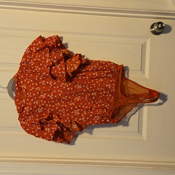 Free People Call Me Later Floral Ruffle Printed Bodysuit Sz M Color Orange/White - Picture 4 of 12